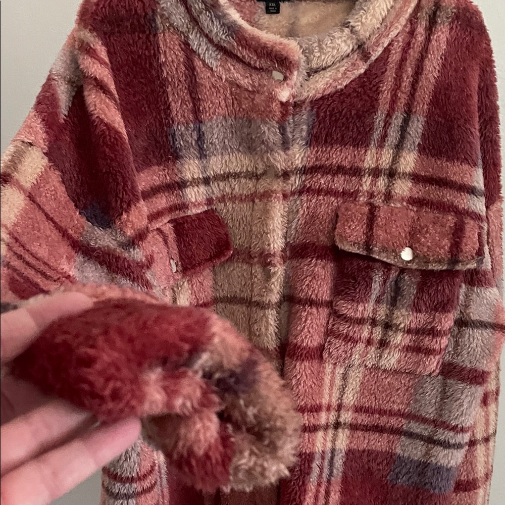 Coco + Carmen Plush Teddy Plaid Jacket in Burgundy and Cream - Picture 5 of 8